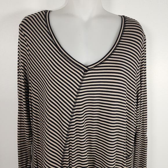LOGO by Lori Goldstein Womens Striped Knit V Neck Top Asymmetric Hem Large Black - Picture 3 of 9